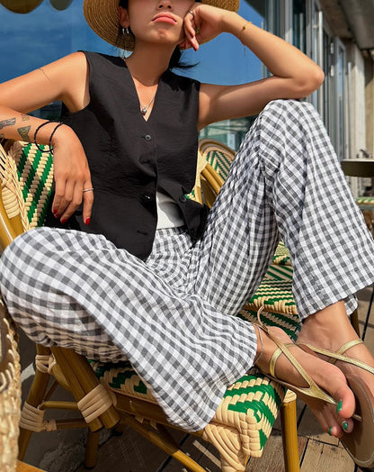 Casual Plaid Wide Leg Pants