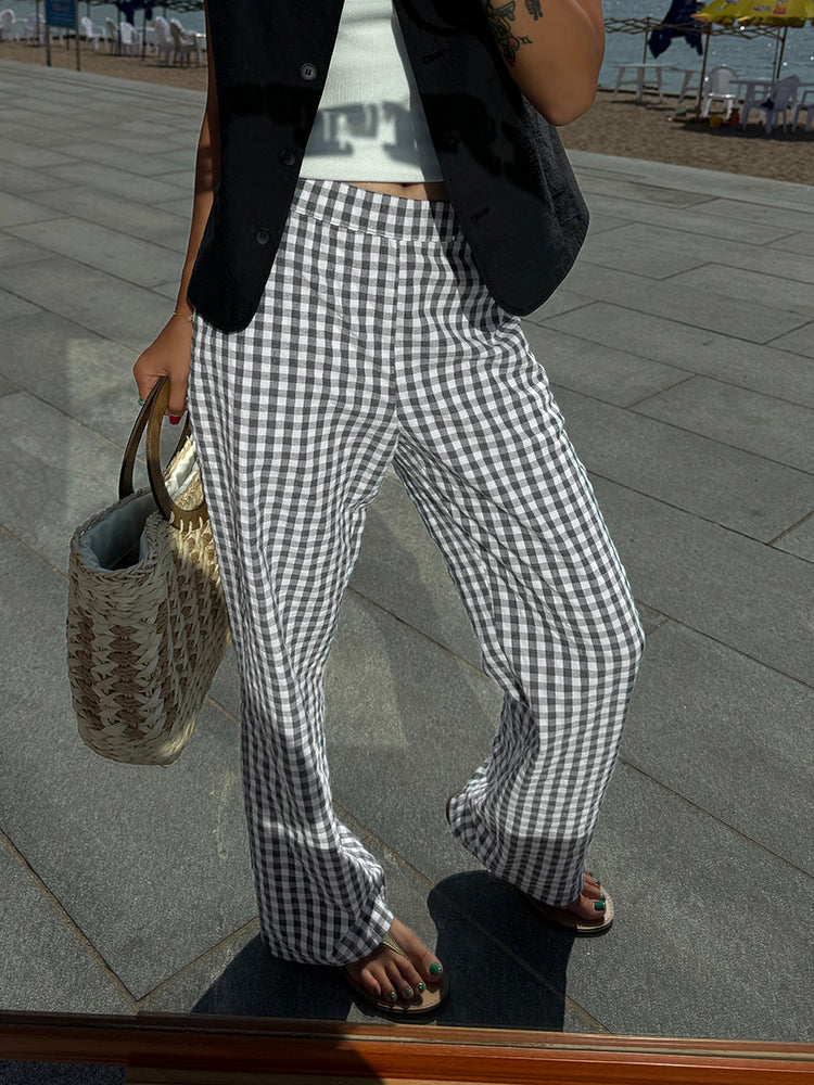 Casual Plaid Wide Leg Pants