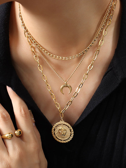 Layering Moon Lion Circle Pendant Necklace