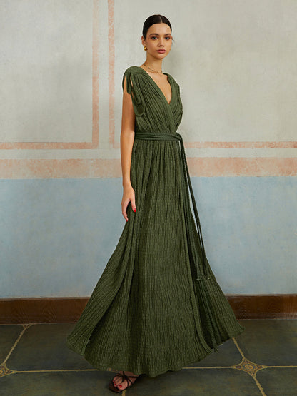 Casual Pleated Belted Long Dress