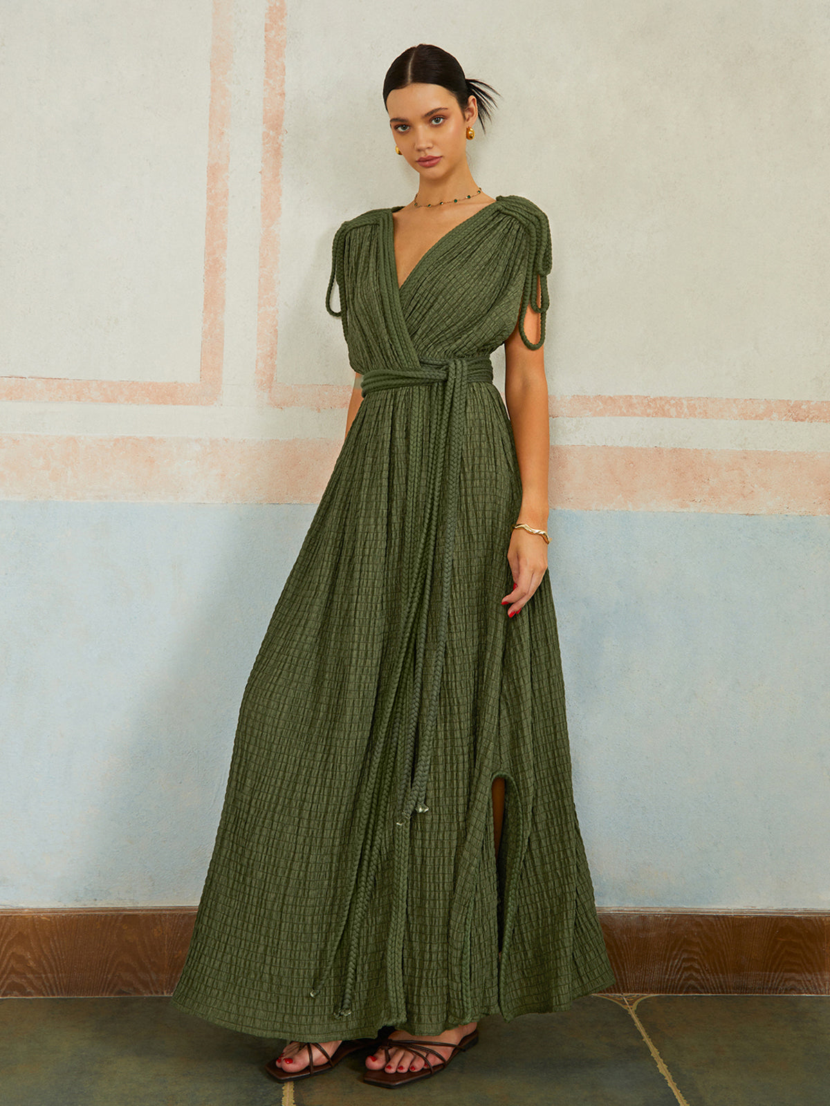 Casual Pleated Belted Long Dress