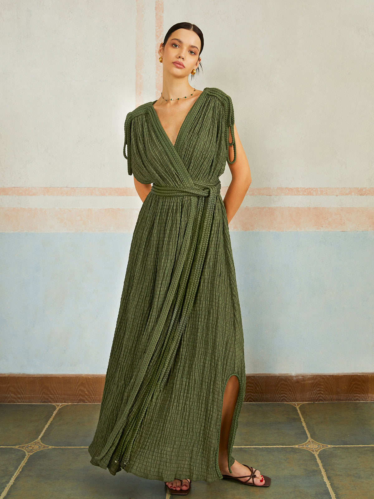 Casual Pleated Belted Long Dress