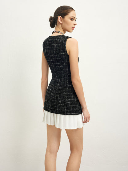 Checkered Tweed Panel Tank Dress