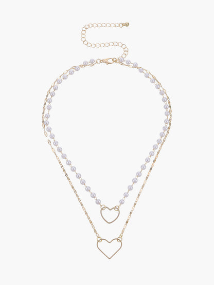 Double Layer Pearl Heart Pendant Necklace