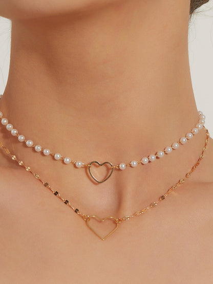 Double Layer Pearl Heart Pendant Necklace