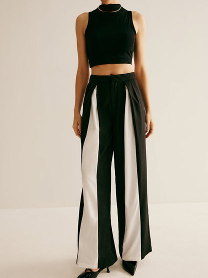 Pleated Patchwork Wide-Leg Pants