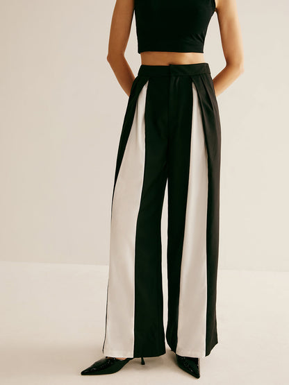 Pleated Patchwork Wide-Leg Pants