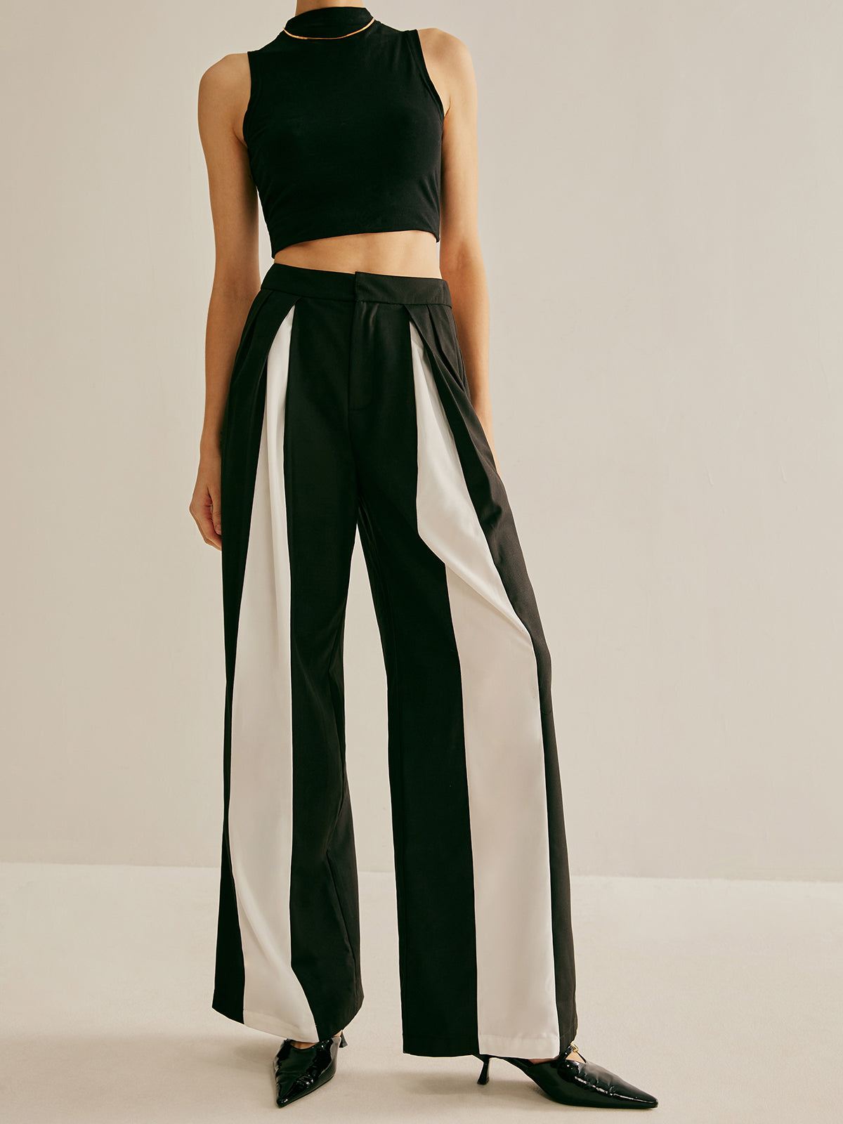 Pleated Patchwork Wide-Leg Pants