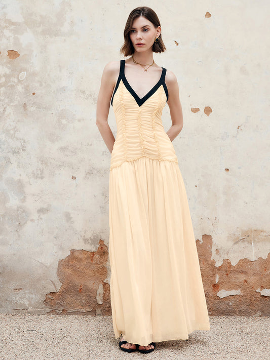 Contrast Binding Pleated Long Dress