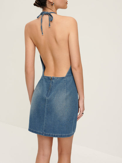 Tie Neck Backless Zipper Denim Dress