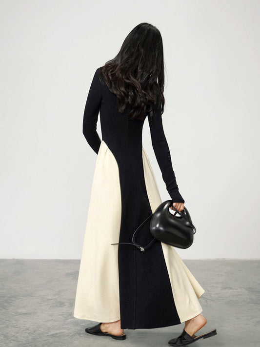 V-Neck Panel Pleated Long Dress