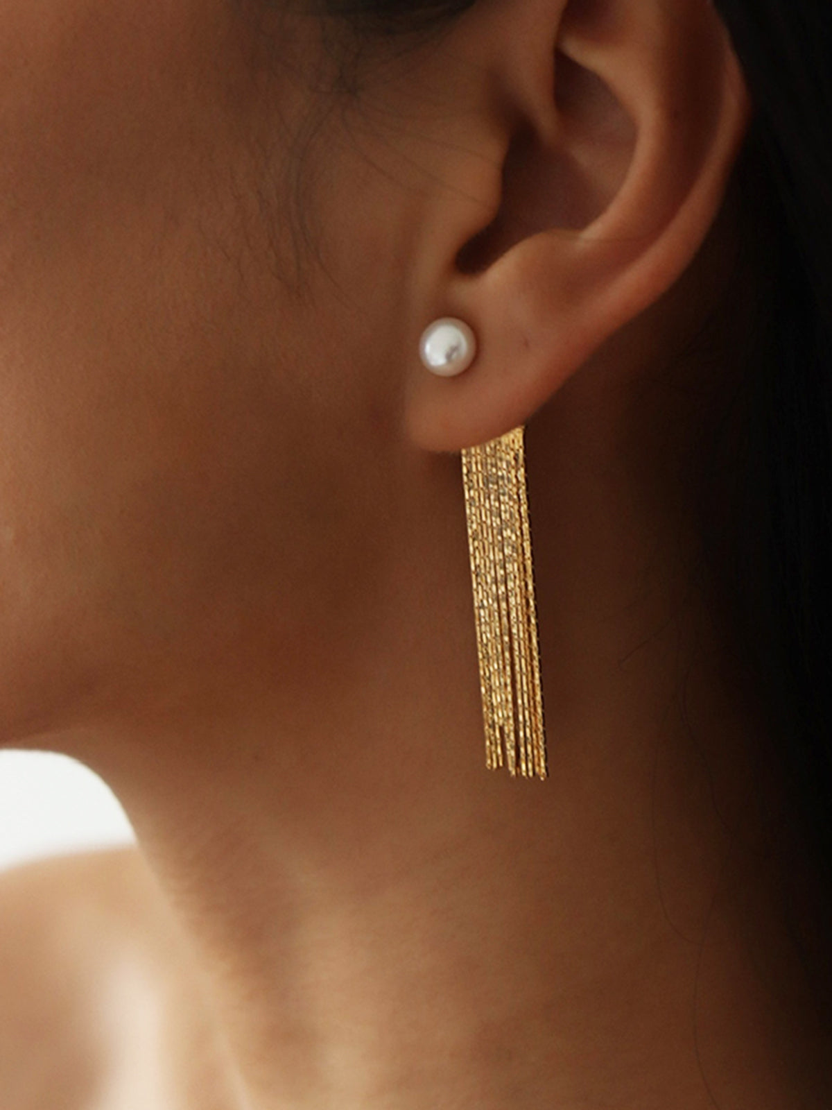 Golden Tassel Pearl Stud Earrings