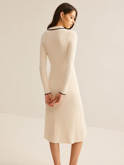 Contrast Trim Lapel Sweater Dress