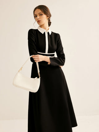 Contrast Piping Long Sleeve Lapel Dress