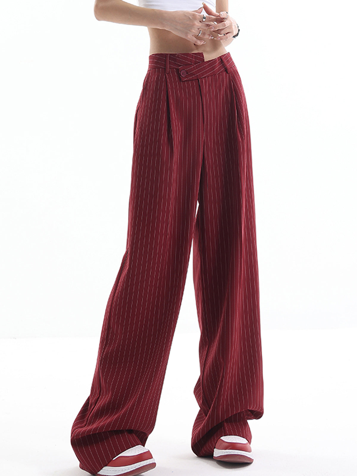 Asymmetrical High-Waist Pinstripe Pants