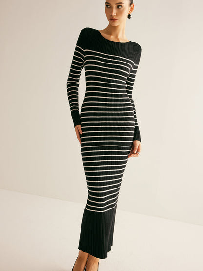 Ribbed Striped Panel Sweater Dress