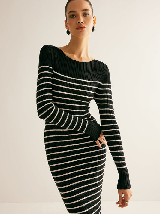 Ribbed Striped Panel Sweater Dress