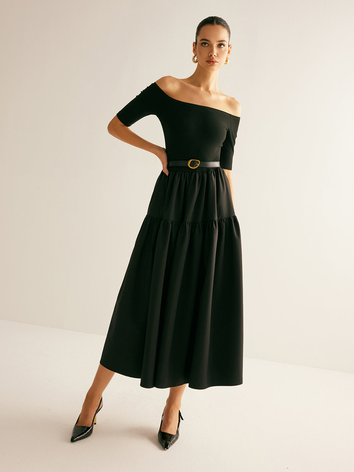 Cold-Shoulder Panel Pleated Belted Dress