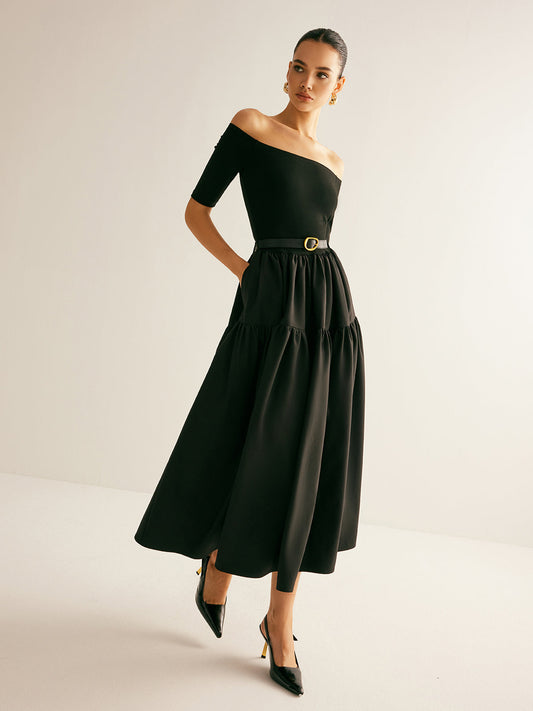 Cold-Shoulder Panel Pleated Belted Dress