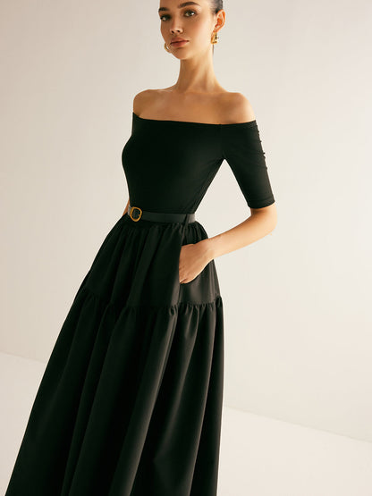 Cold-Shoulder Panel Pleated Belted Dress