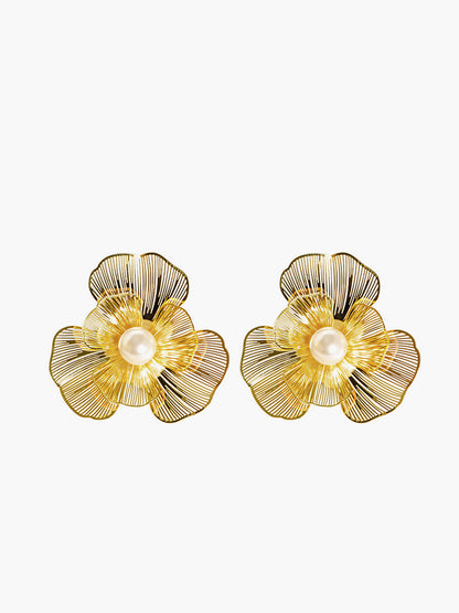 3D Metal Flower Pearl Earrings