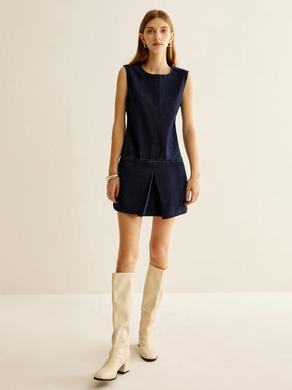 Crew Neck Sleeveless Denim Dress