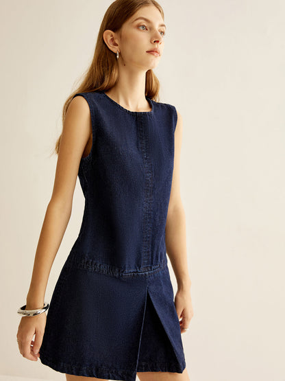 Crew Neck Sleeveless Denim Dress