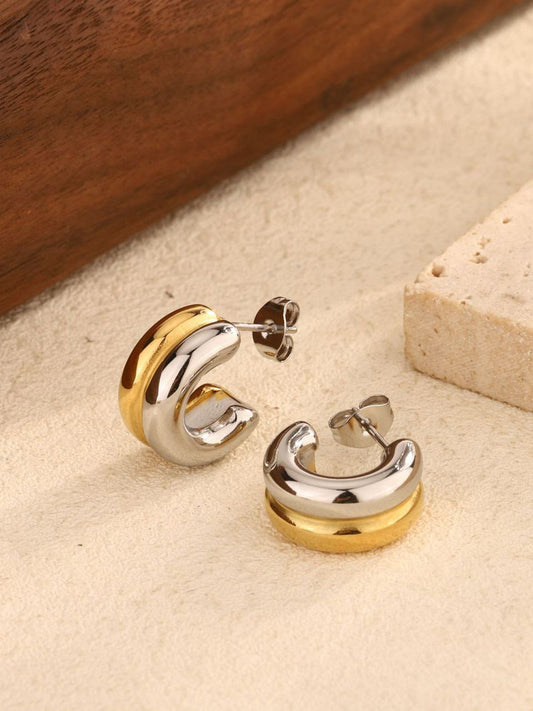 Two-Tone C-Shape Stud Hoop Earrings