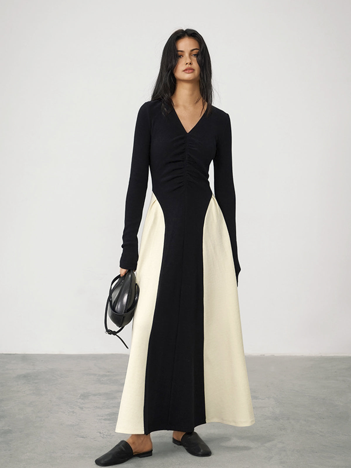 V-Neck Panel Pleated Long Dress