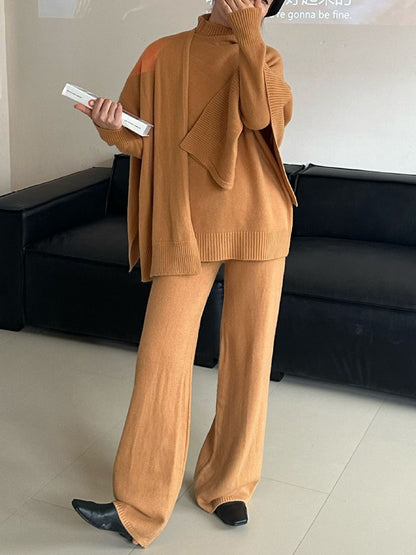 Plain Mock Neck Three-Piece Sweater Pants Set