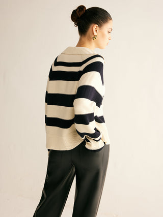 V-Neck Two-Tone Striped Polo Sweater