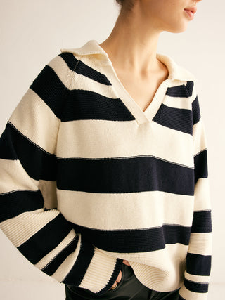 V-Neck Two-Tone Striped Polo Sweater