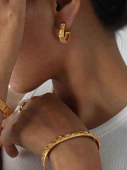 Embossed Pattern Zircon Hoop Earrings