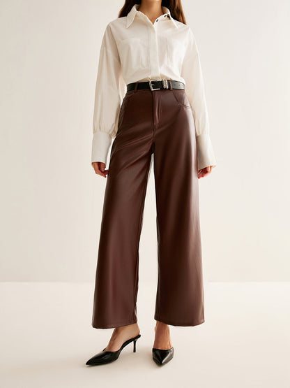 PU Leather Belted Straight Pants