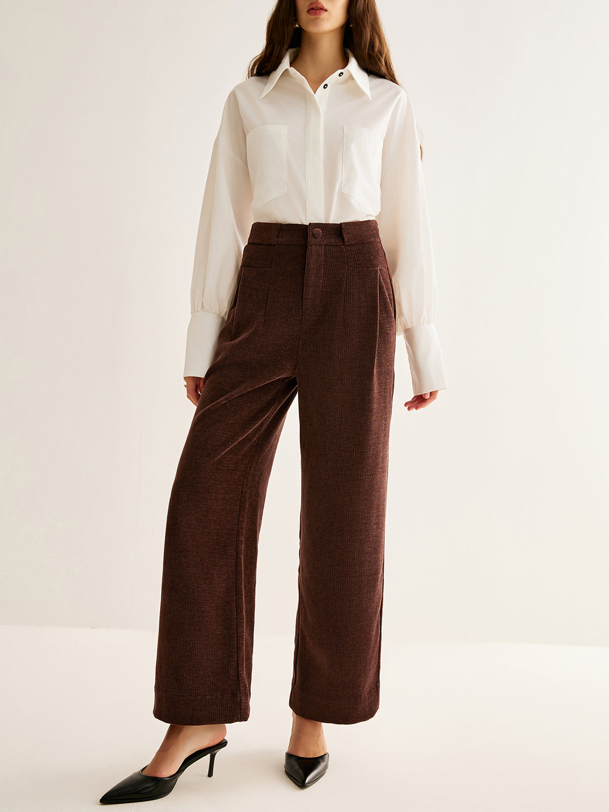 Corduroy Wide-Leg Pants Without Belt