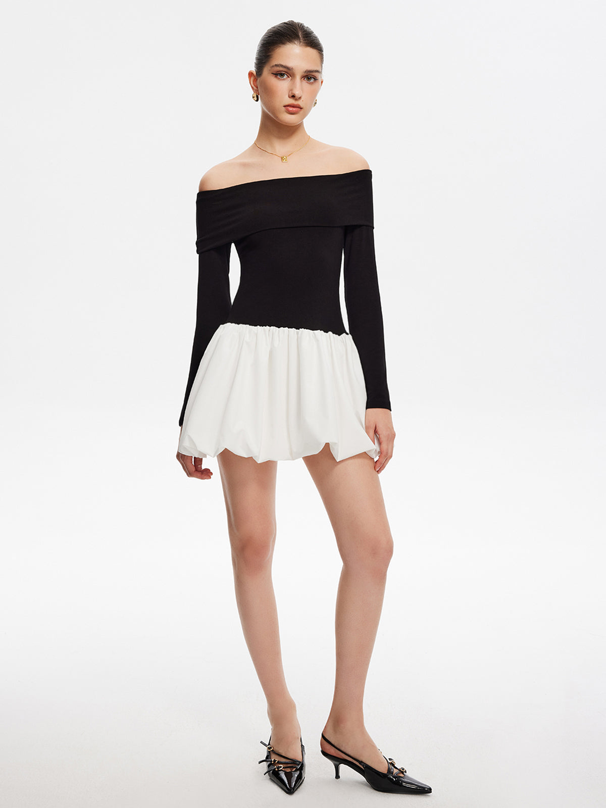 Two Tone Off Shoulder Bubble Short Dress