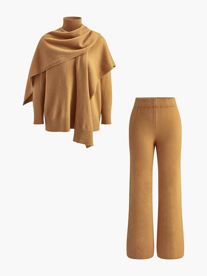 Plain Mock Neck Three-Piece Sweater Pants Set