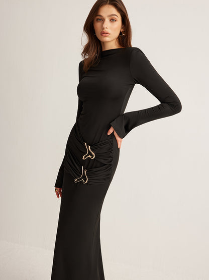 Metal-Ring Pleated Jersey Dress