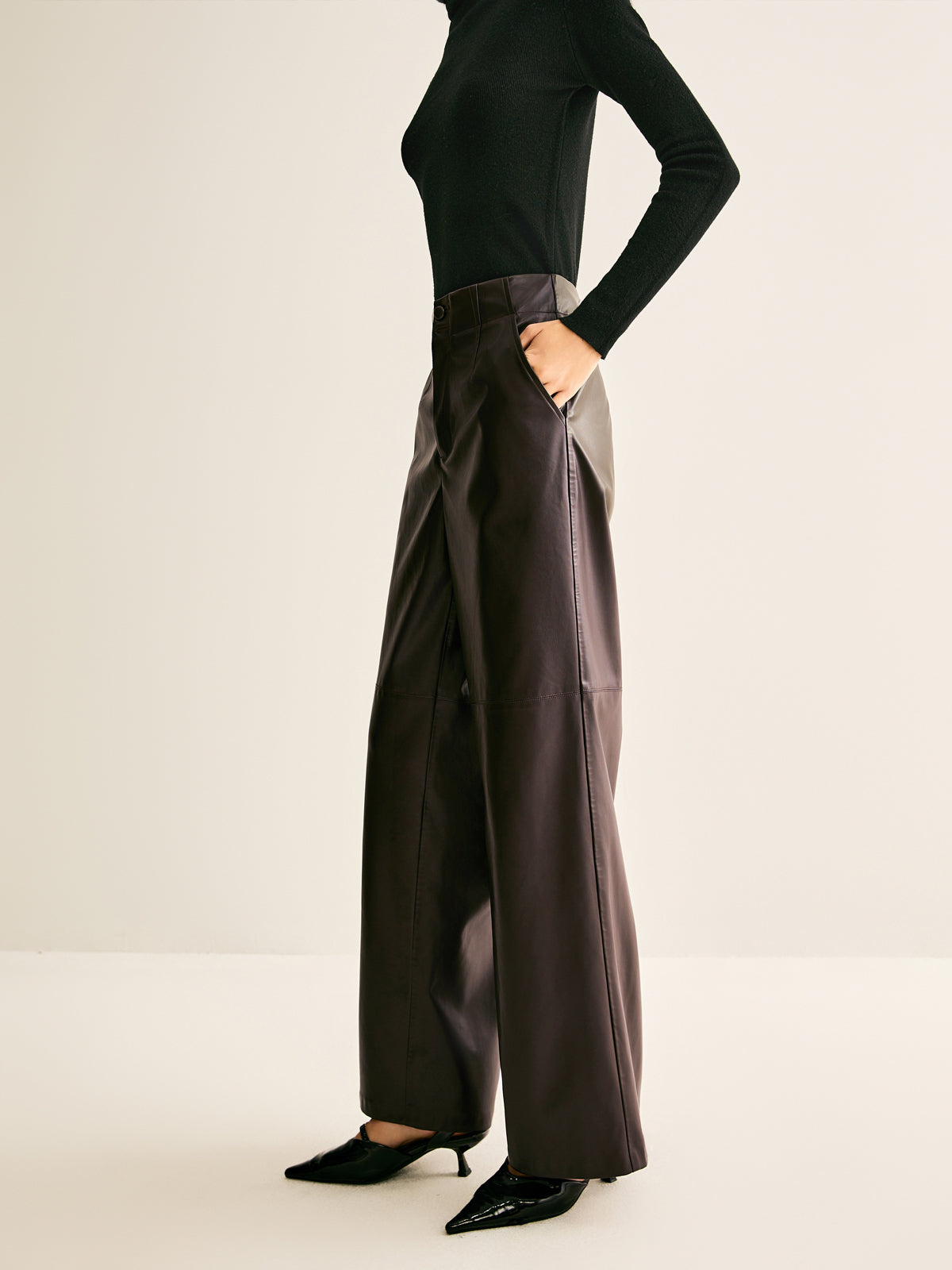 Faux Leather Mid Waist Pants