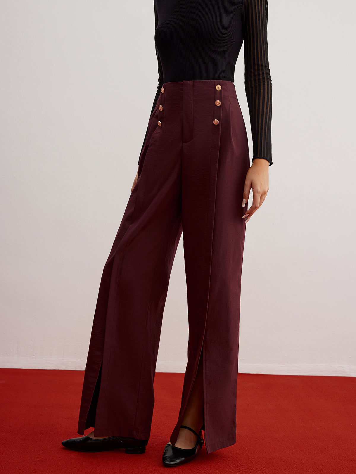 Button Decor Split Wide-Leg Pants