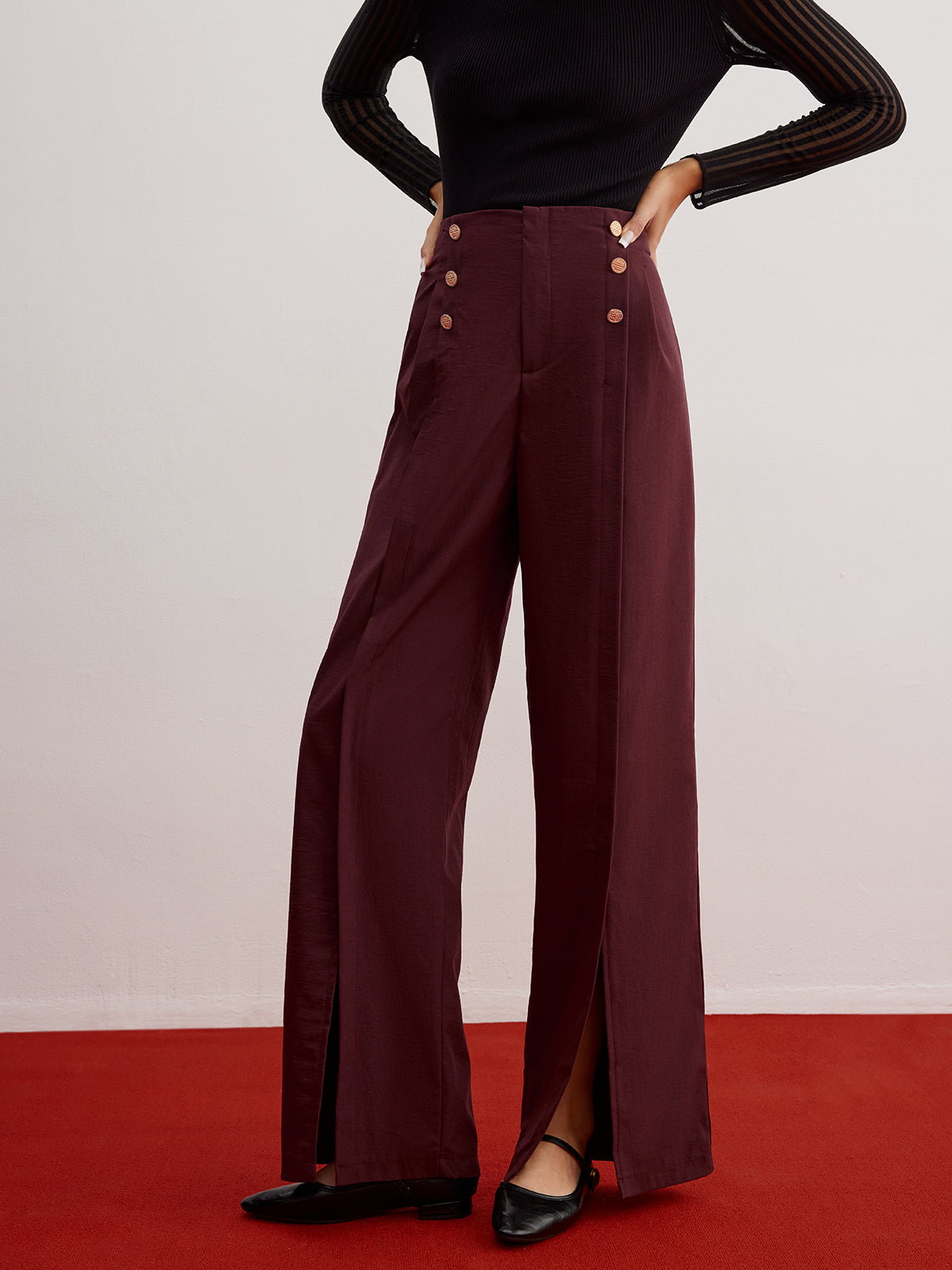 Button Decor Split Wide-Leg Pants