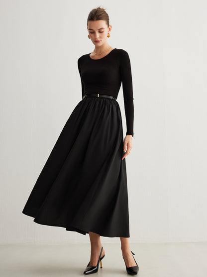 Plain Belted Pleated Panel Dress