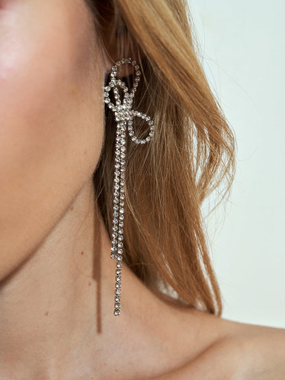 Rhinestone Bow Tassel Earrings