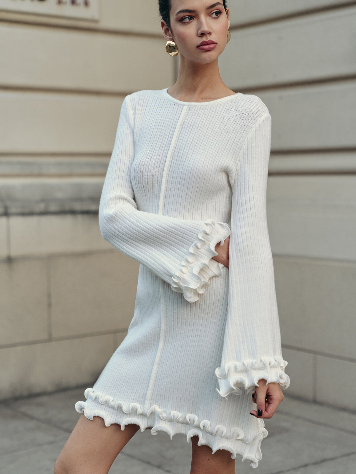 Lettuce Trim Bell Sleeve Sweater Dress