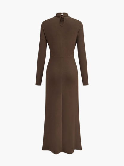 Turtleneck Knotted Pleated Long Dress