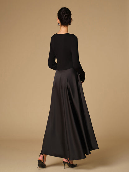 Satin Panel Jersey Long Dress