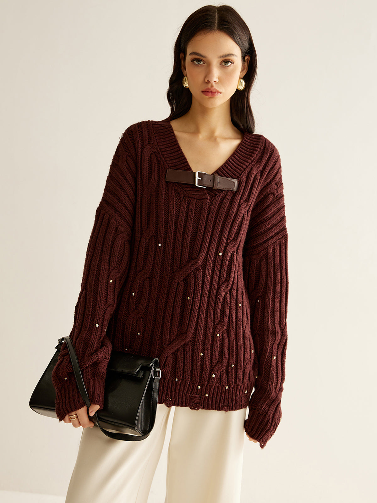 Buckle Belted Beaded Knit Top