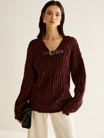 Buckle Belted Beaded Knit Top