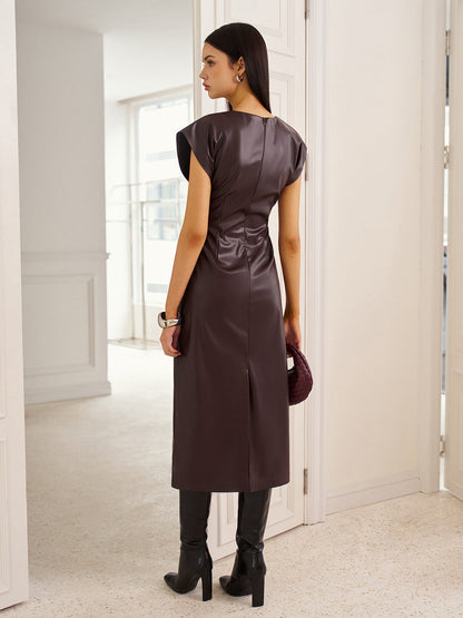 Cap-Sleeve Knotted Faux Leather Dress