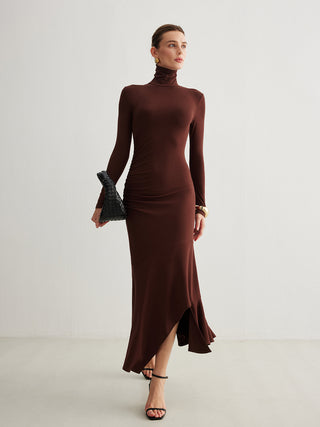 Turtleneck Irregular Pleated Long Dress